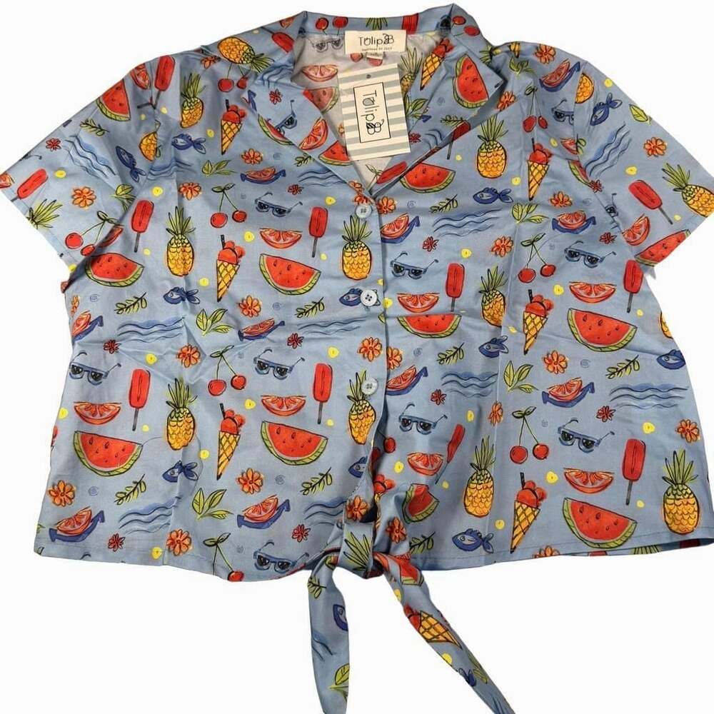 Tulip B Unique Vintage Tropical Tie-Front Crop Button-Up Sz XL - Picture 3 of 7